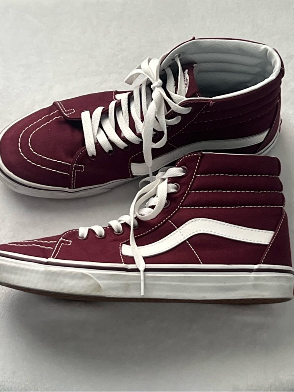 Vans Maroon High-Top Unisex Sneakers with White Stripe, Size Men 9/Women 10.5